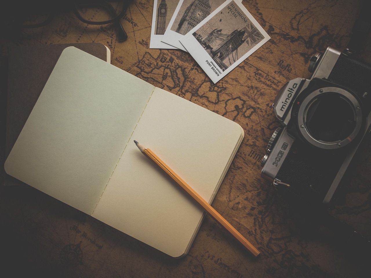 notebook, camera, map, pencil, travel, old, retro, antique, vintage, classic, notes, vacation, paper, trip, desk, write,