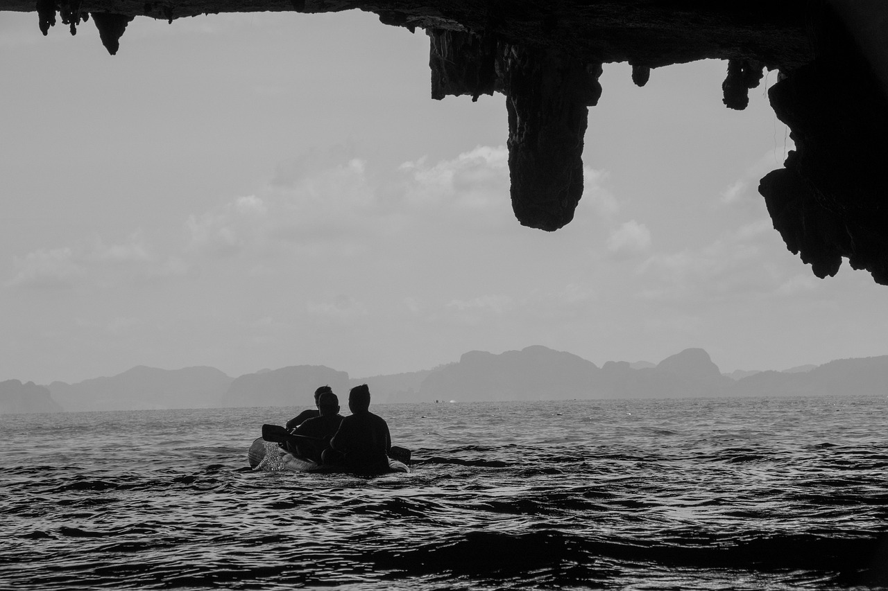 cave, sea, black white, kayaking, nature, kayak, canoe, water, adventure, canoeing, summer, activity