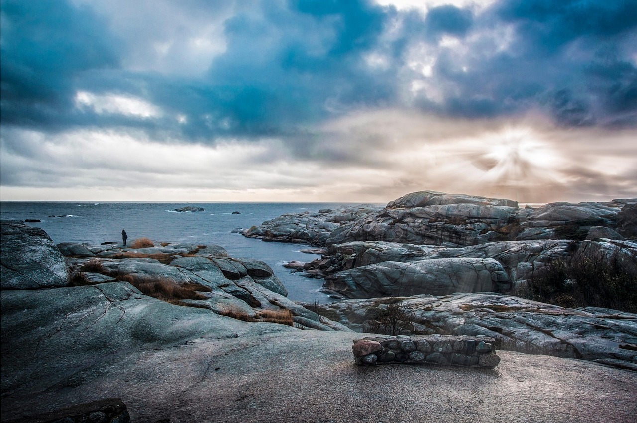sea, the coast, rocks, the horizon, sky, clouds, sunlight, ocean, coast, rocky coast, nature, island, scenery, scandinav