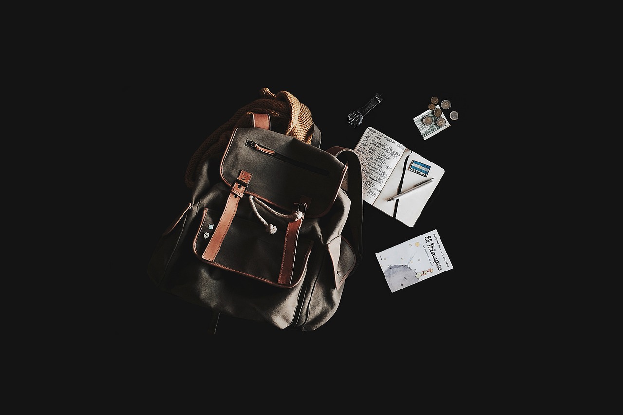 backpack, book, travel bag, notebook, backpacking, contents, travel, journey, flat lay, studio photography, still life,