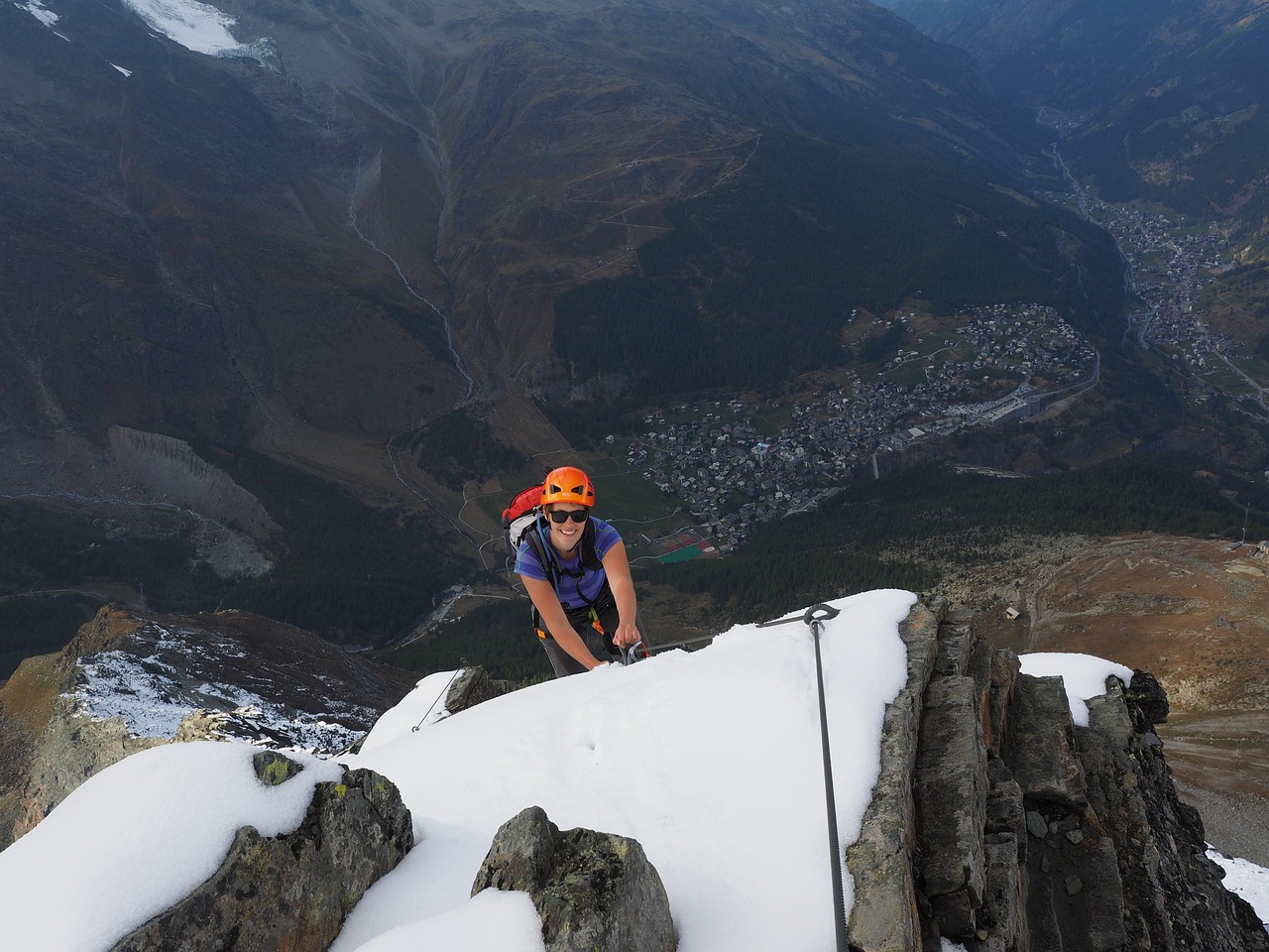 climb, via ferrata, climber, saas-fee, mountain, rope, snow, nature, to back up, helmet, switzerland, valais