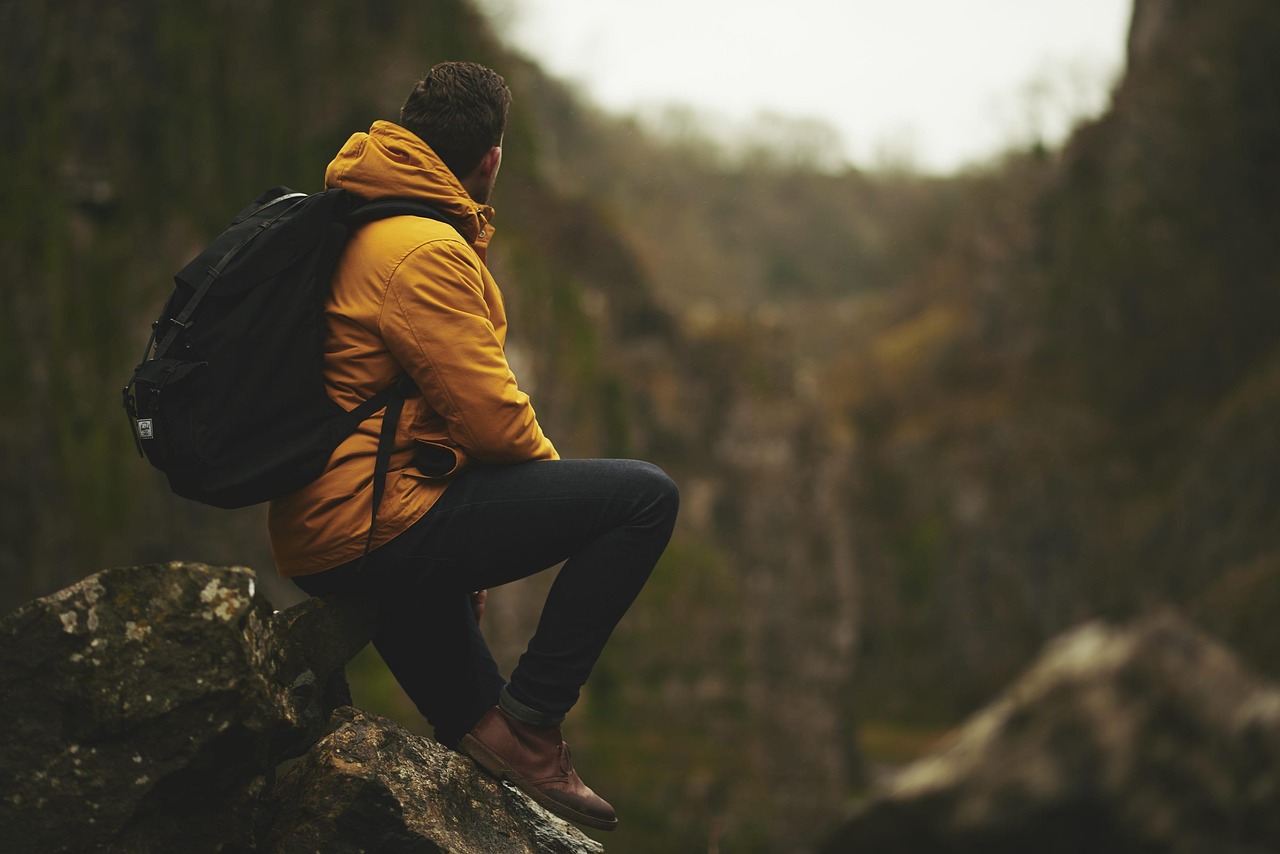 adventure, man, mountain, outdoors, rocks, nature, sitting, backpack, hiking, hiker, trek, trekking, hike