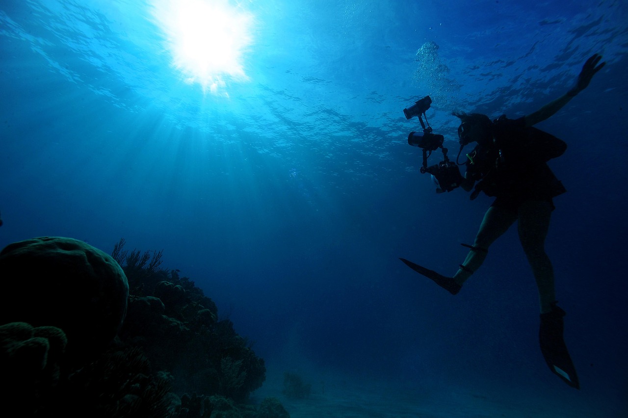 sea, ocean, water, underwater, light, sunlight, blue, diver, diving, camera, swimming, swimmer, nature, beautiful, blue