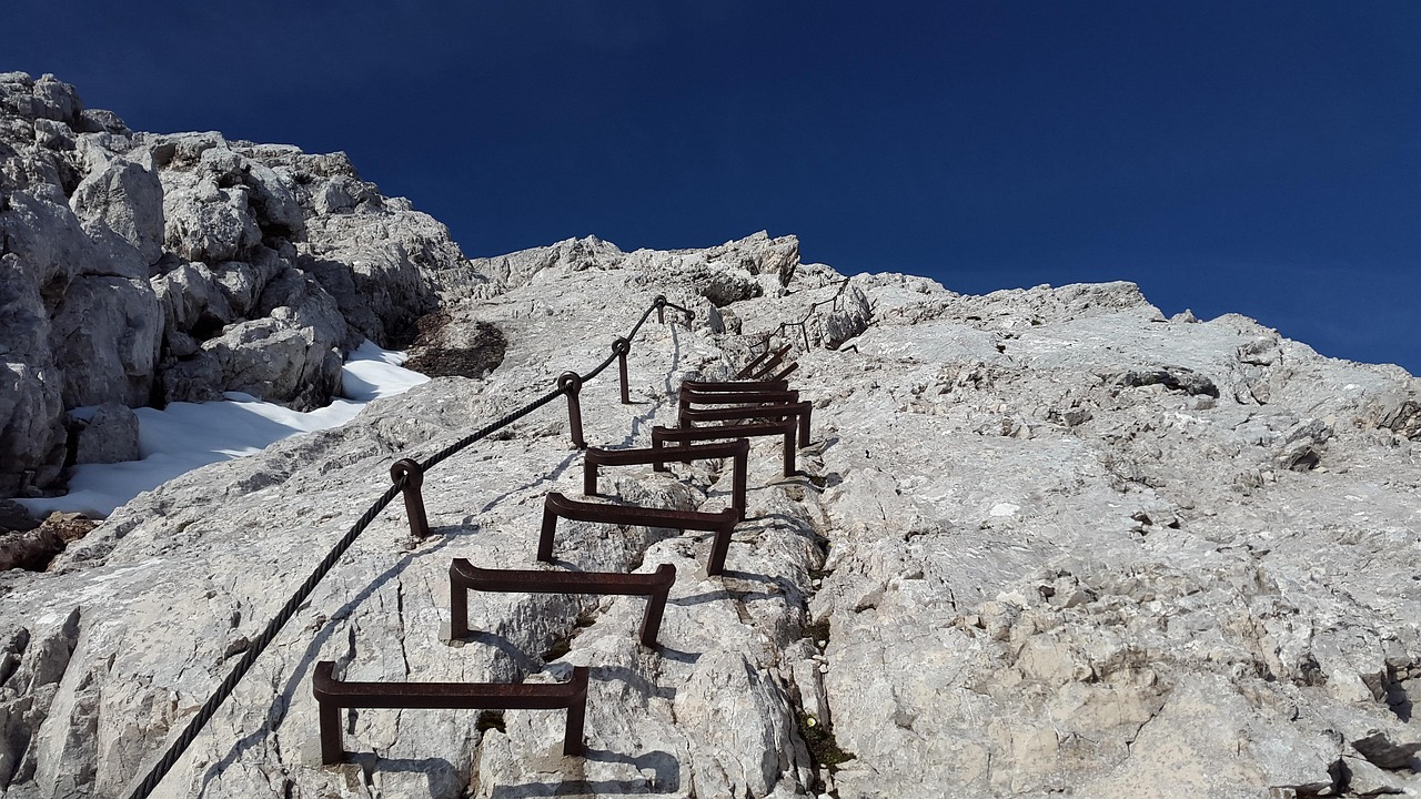via ferrata, alpspitze, ladder, ladder rungs, kicks, stages, path, height, rise, climb, nature, north face ferrata, rock