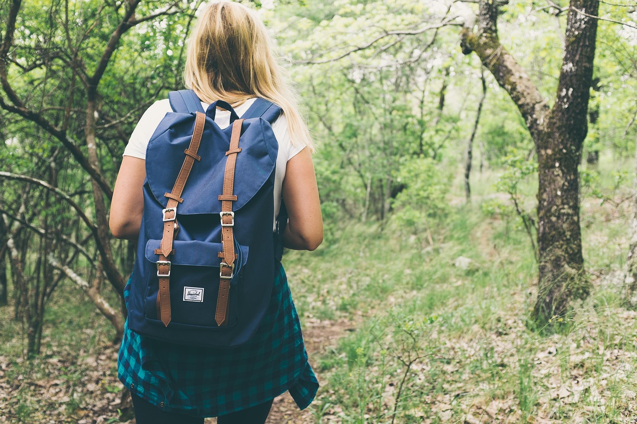 backpack, bag, woman, girl, female, forest, lady, leisure, lifestyle, nature, outdoors, outside, recreation, teen, trees
