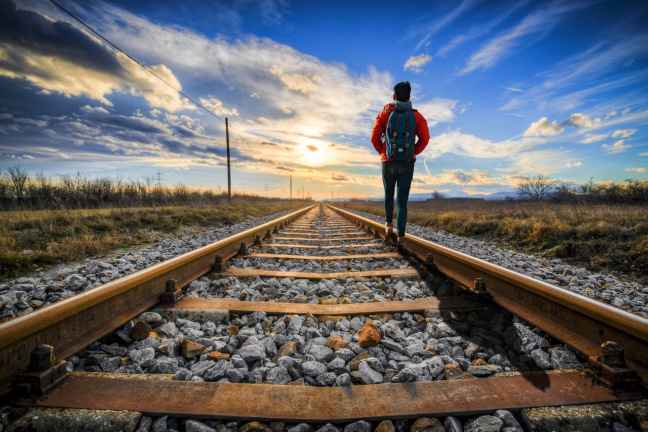 backpacker, traveler, travel, wanderer, backpack, adventure, hiking, nature, tracks, sunset, walk, freedom, outdoors, tr