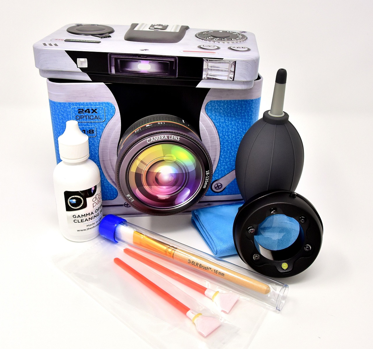 camera, sensor cleaning, led magnifying glass, paint brush, gamma solution, cleaning liquid, accessories, swabs, bellows